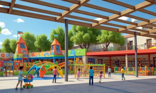 Área de juegos infantiles y tiendas de juegos en planta alta.